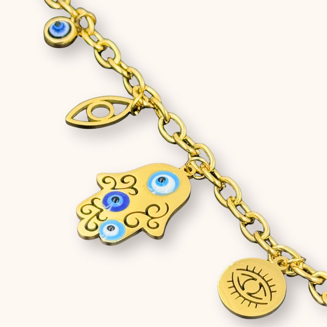 18KT Gold Plated Ojo Evil Eye Charm Bracelet - Atulya Jewellers
