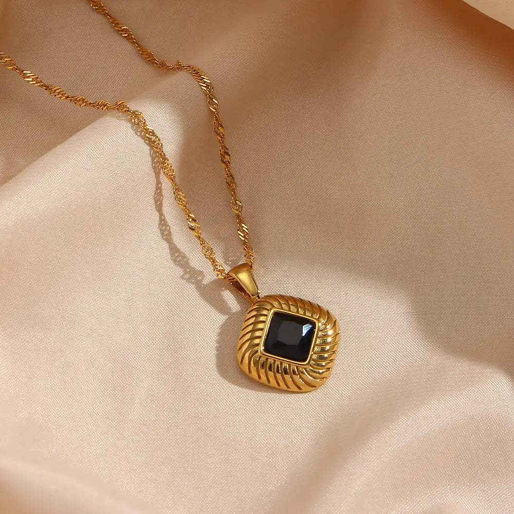 18KT Gold Plated Lozenge CZ Necklace Black - Atulya Jewellers