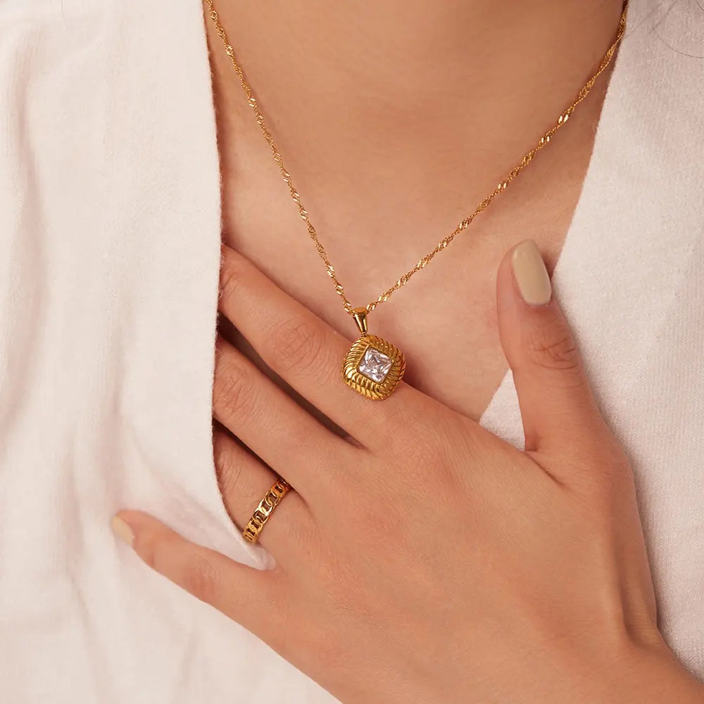 18KT Gold Plated Lozenge CZ Necklace - Atulya Jewellers