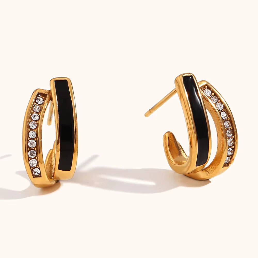 18KT Gold Plated J Enamel CZ Stud Earrings Black - Atulya Jewellers