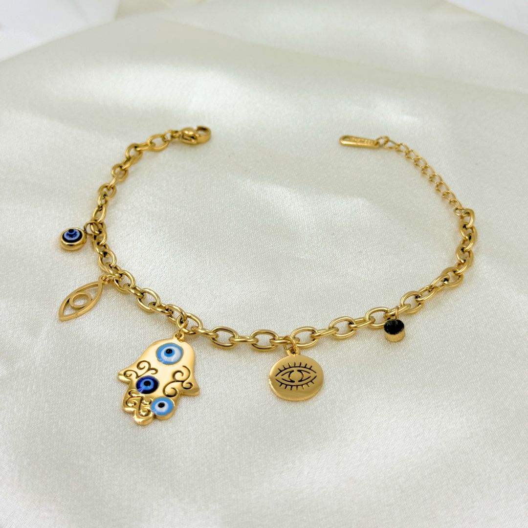 18KT Gold Plated Ojo Evil Eye Charm Bracelet - Atulya Jewellers