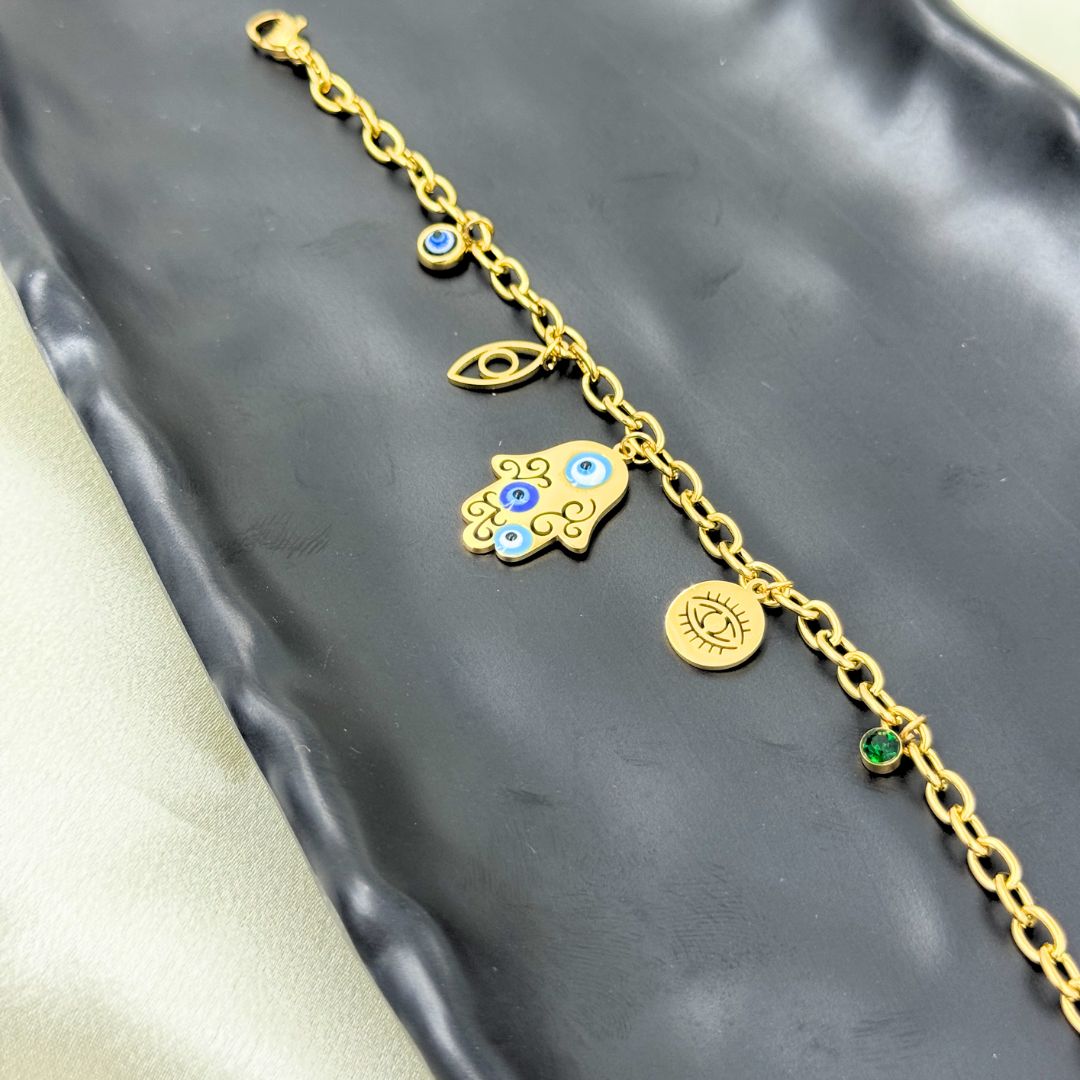 18KT Gold Plated Ojo Evil Eye Charm Bracelet - Atulya Jewellers