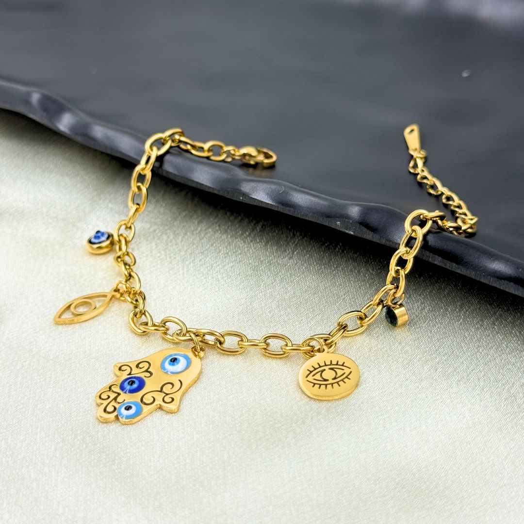18KT Gold Plated Ojo Evil Eye Charm Bracelet - Atulya Jewellers