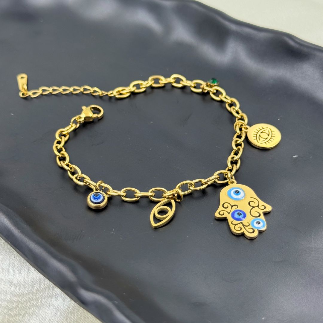 18KT Gold Plated Ojo Evil Eye Charm Bracelet - Atulya Jewellers