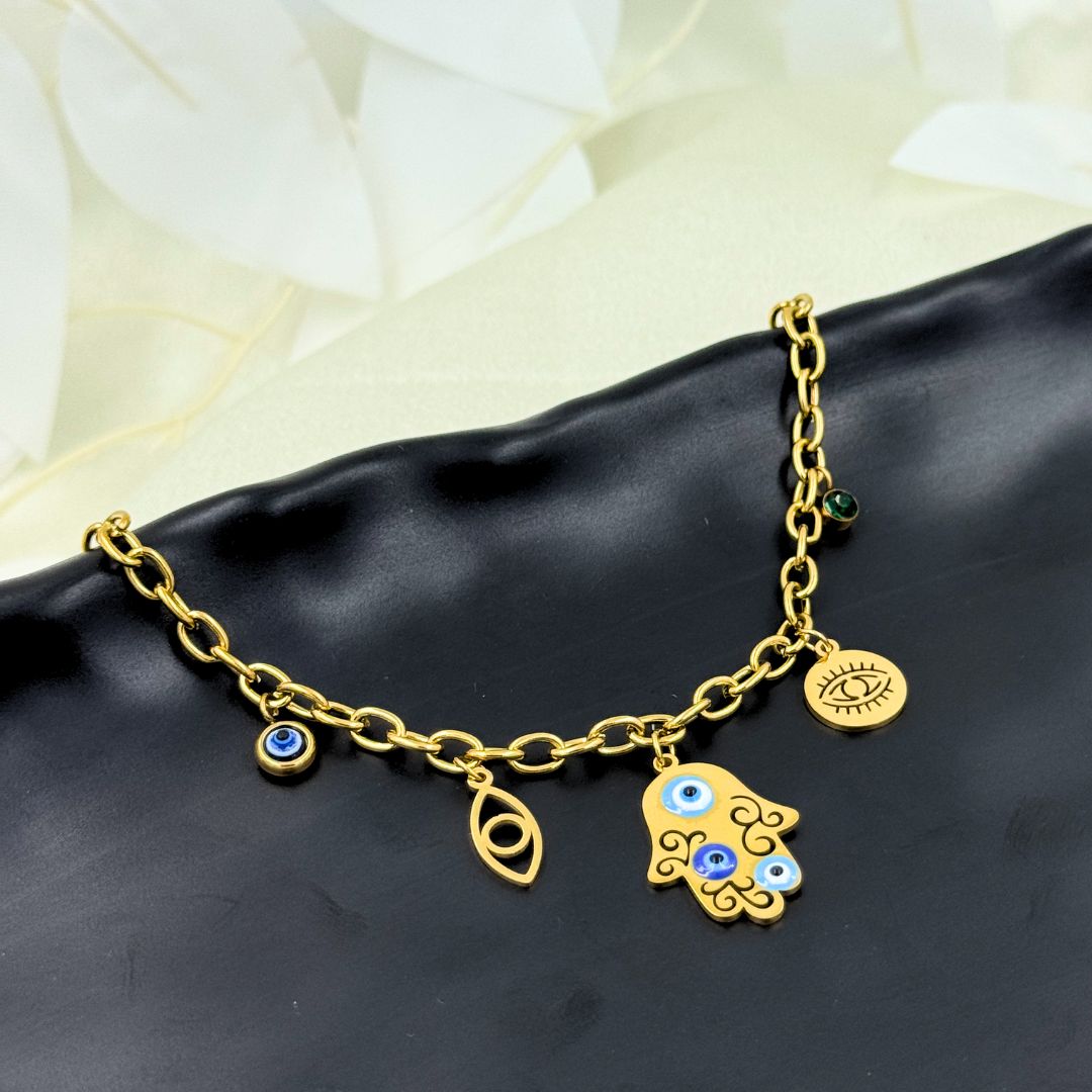 18KT Gold Plated Ojo Evil Eye Charm Bracelet - Atulya Jewellers