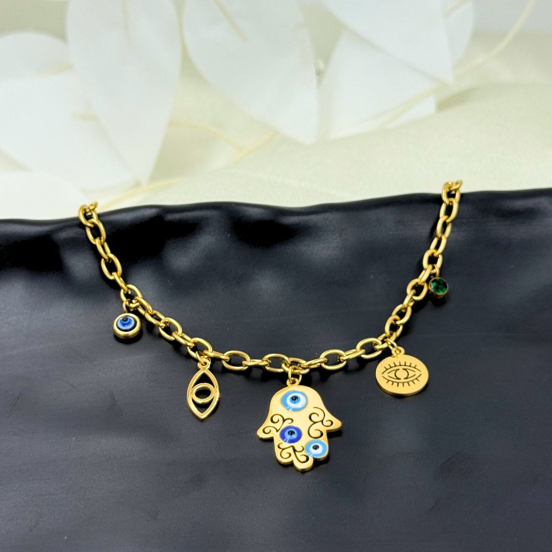 18KT Gold Plated Ojo Evil Eye Charm Bracelet - Atulya Jewellers
