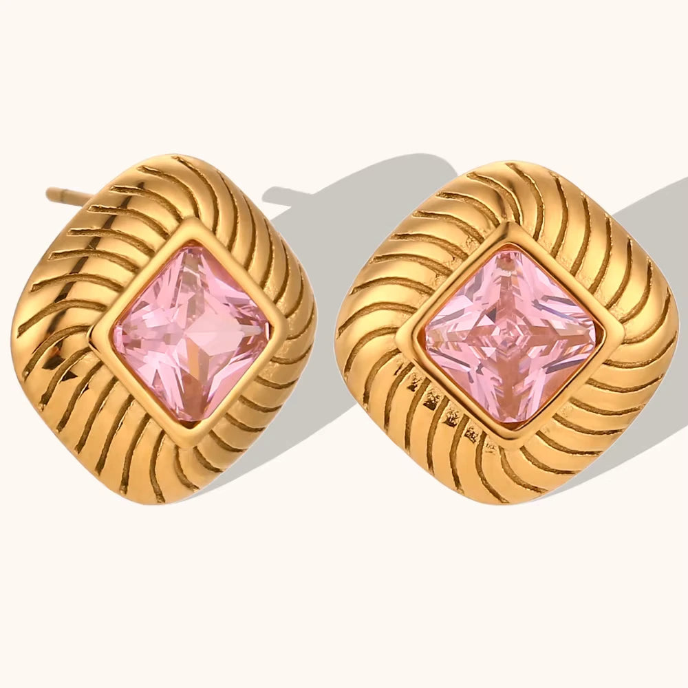 18KT Gold Plated Lozenge CZ Earrings Pink - Atulya Jewellers