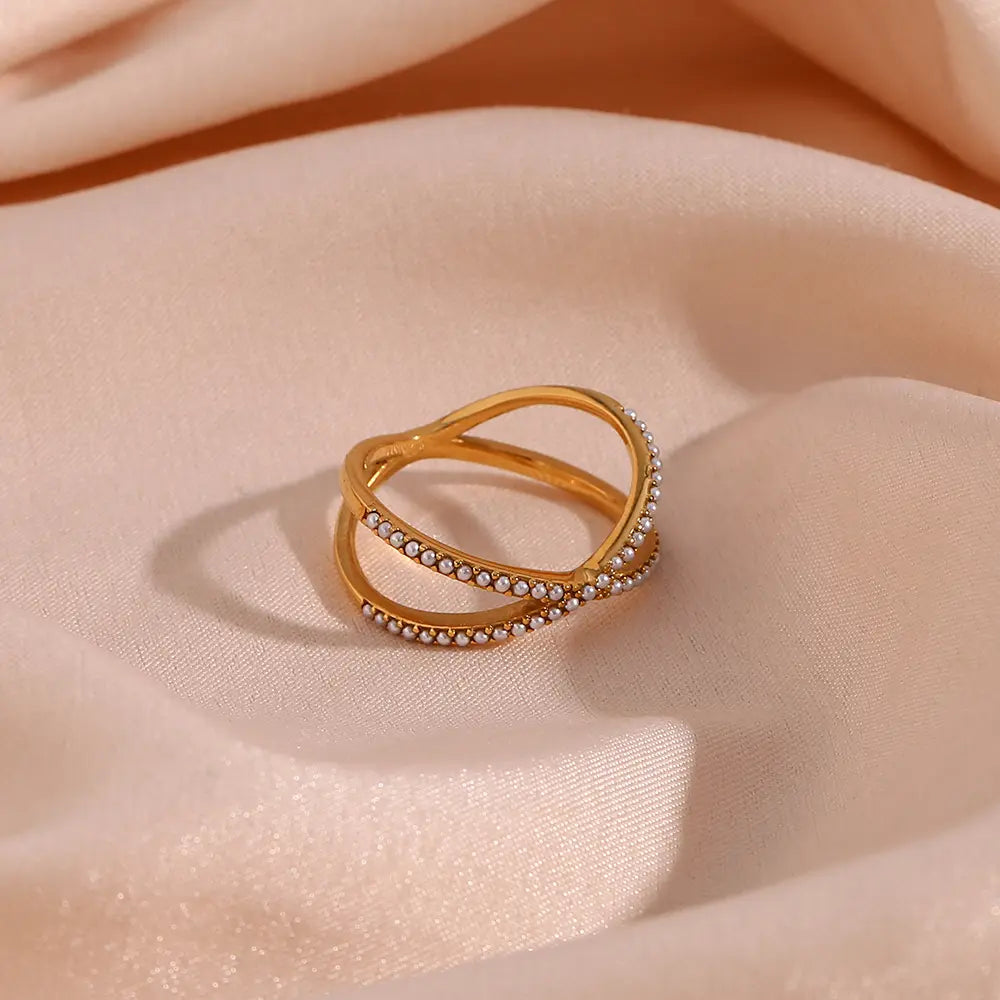 18KT Gold Plated Criss Cross Pearl Ring - Atulya Jewellers
