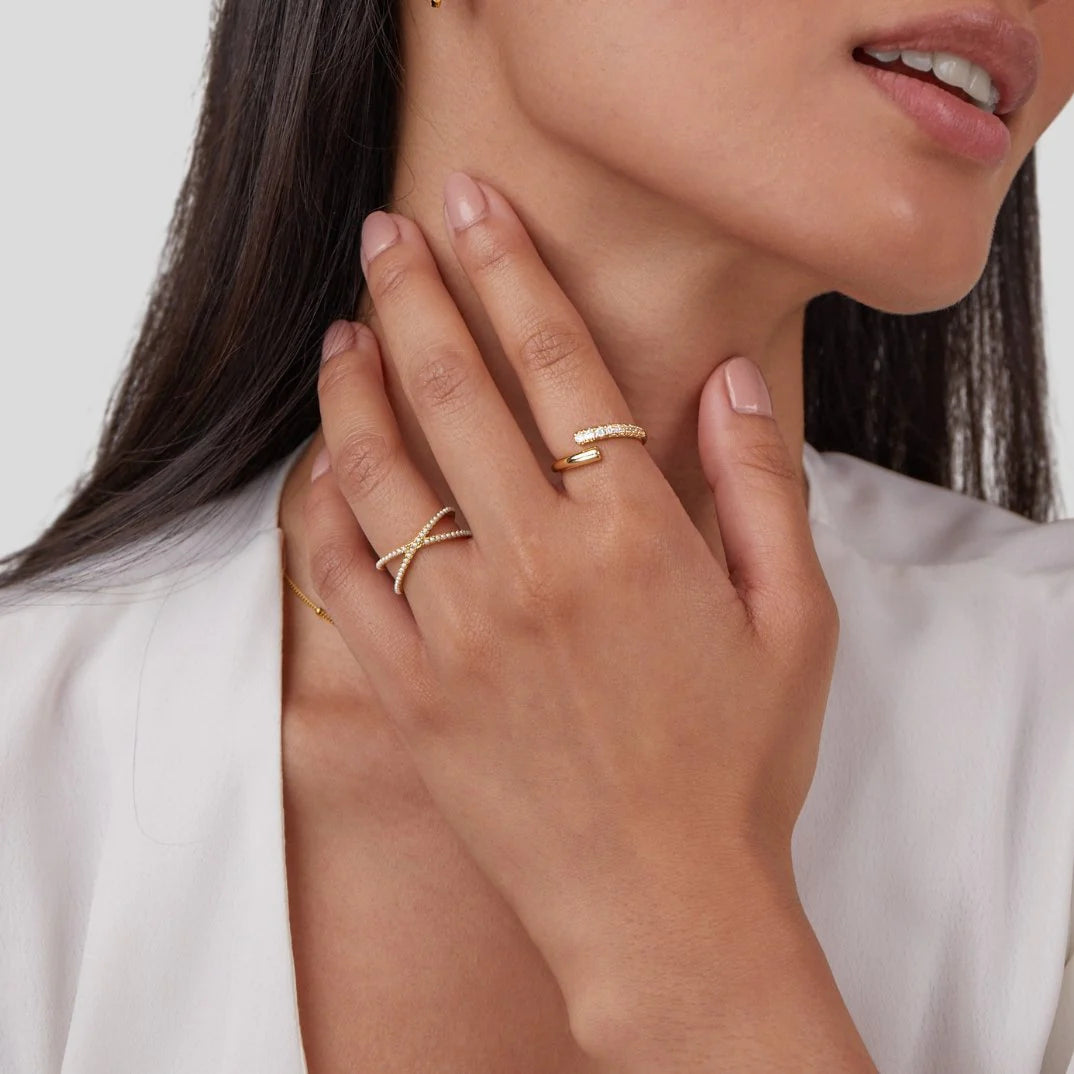 18KT Gold Plated Criss Cross Pearl Ring - Atulya Jewellers