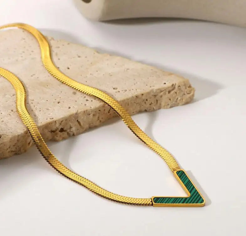 18KT Gold Plated Vee CZ Necklace Green - Atulya Jewellers