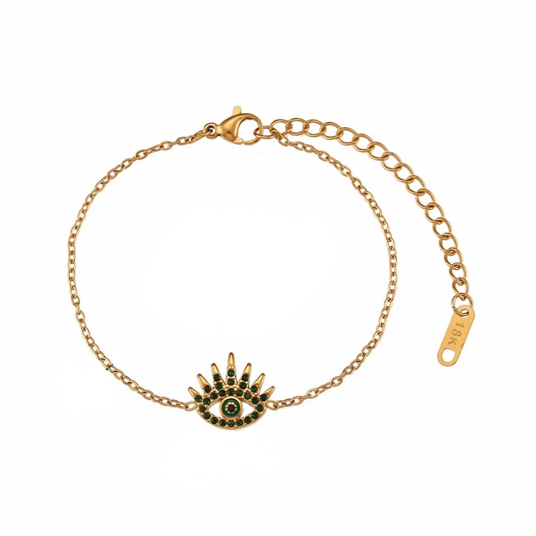 18KT Gold Plated Evil Eye CZ Bracelet Green - Atulya Jewellers