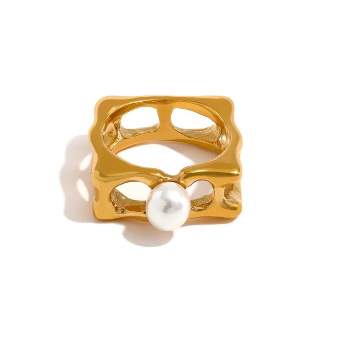 18KT Gold Plated Jade Square Pearl Ring - Atulya Jewellers
