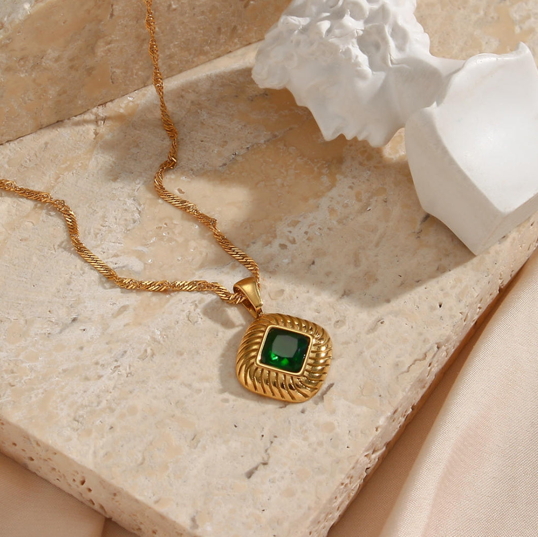 18KT Gold Plated Lozenge CZ Necklace Green - Atulya Jewellers