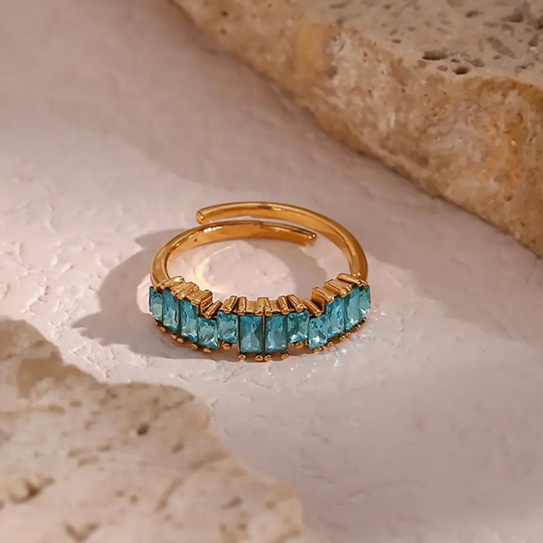 18KT Gold Plated Nia CZ Ring (Re-Sizeable) Blue - Atulya Jewellers