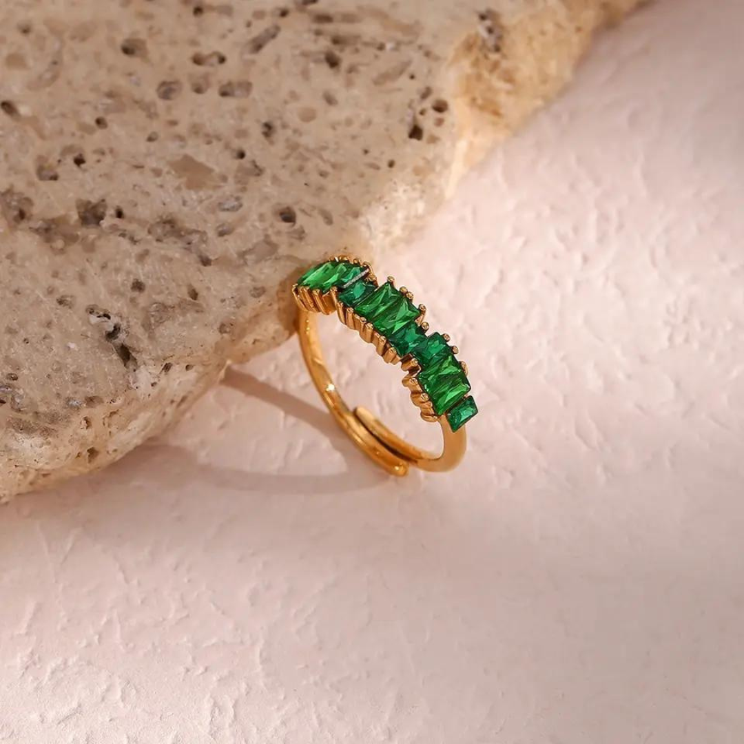 18KT Gold Plated Nia CZ Ring (Re-Sizeable) Green - Atulya Jewellers