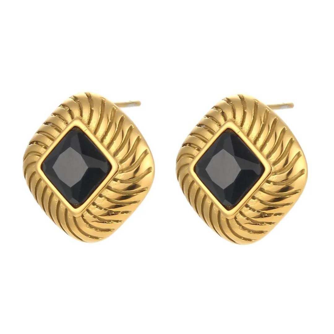 18KT Gold Plated Lozenge CZ Earrings Black - Atulya Jewellers