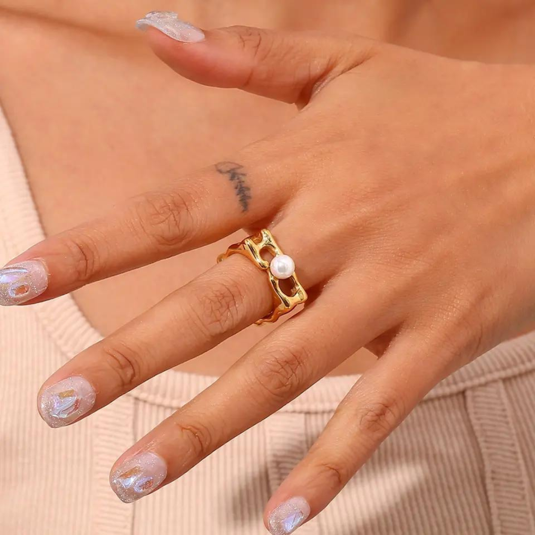 18KT Gold Plated Jade Square Pearl Ring - Atulya Jewellers