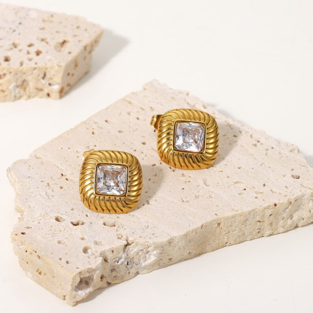 18KT Gold Plated Lozenge CZ Earrings White - Atulya Jewellers