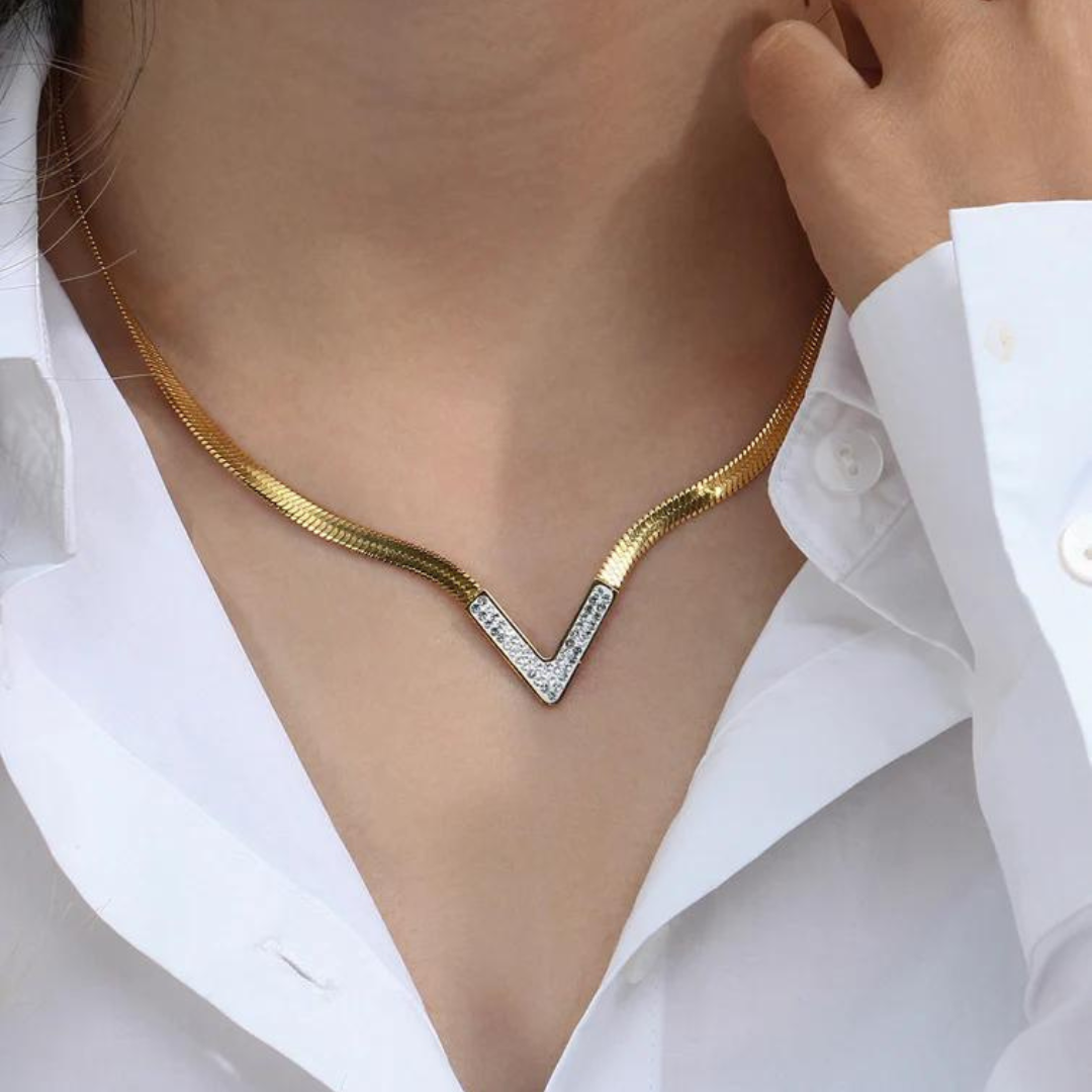 18KT Gold Plated Vee CZ Necklace Diamond - Atulya Jewellers