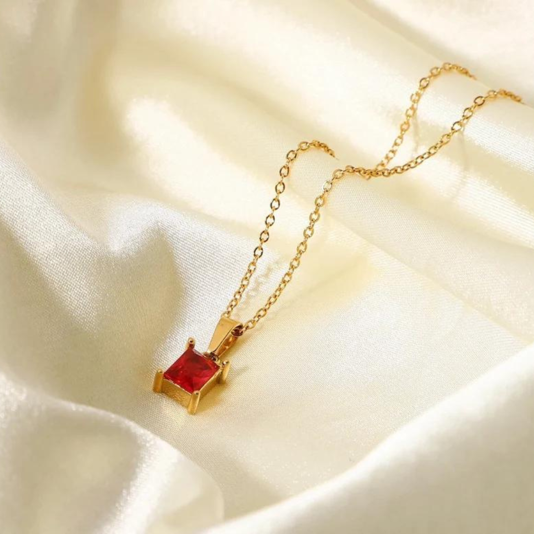 18KT Gold Plated Rectangle Rhinestone Necklace Red - Atulya Jewellers