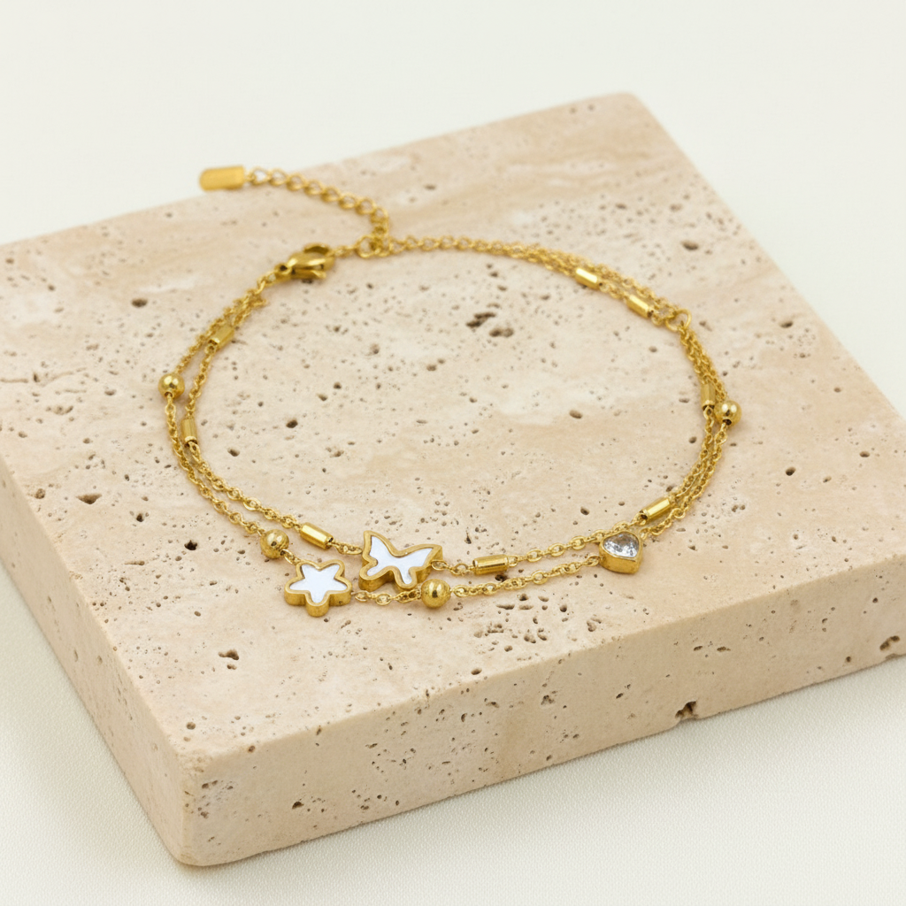 18KT Gold Plated Butterfly Star Layered Bracelet
