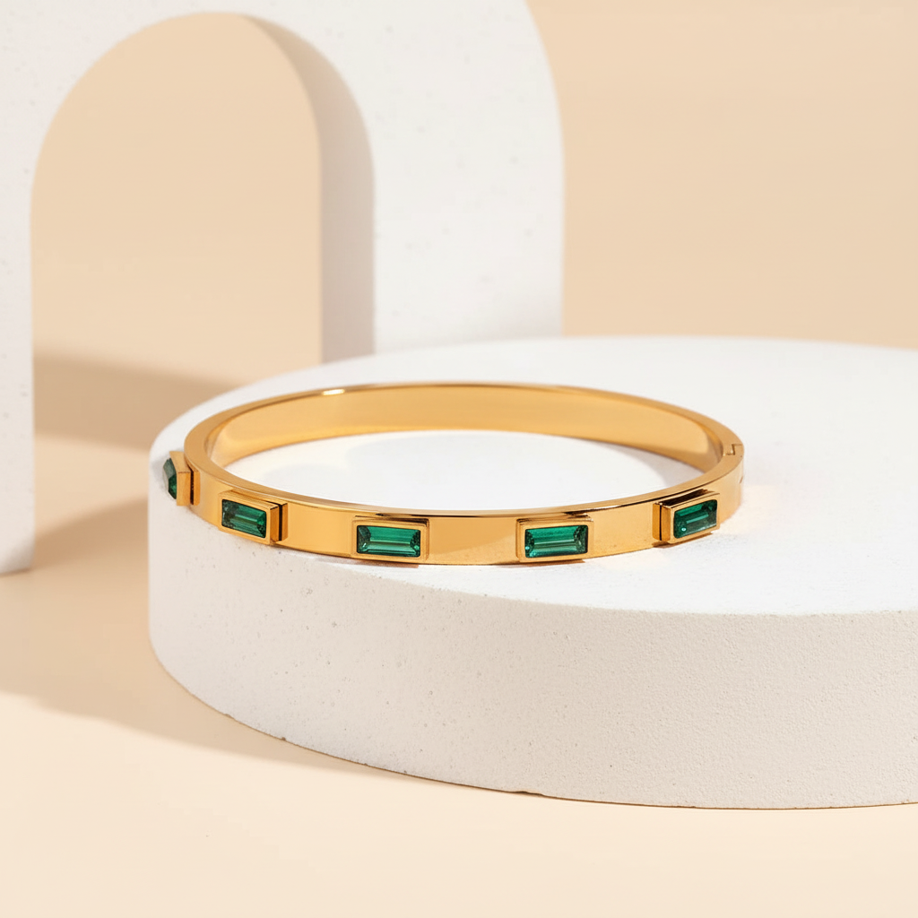 18KT Gold Plated Green Baguettes CZ Bangle