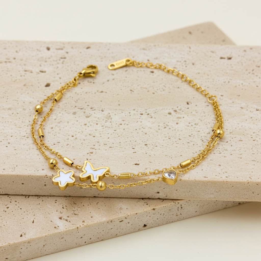 18KT Gold Plated Butterfly Star Layered Bracelet