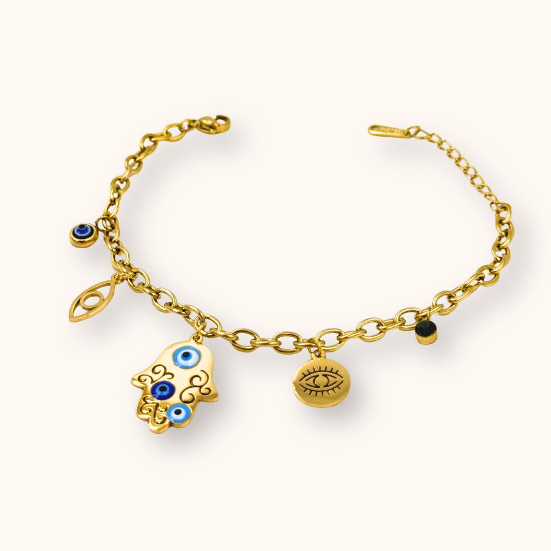 18KT Gold Plated Ojo Evil Eye Charm Bracelet - Atulya Jewellers