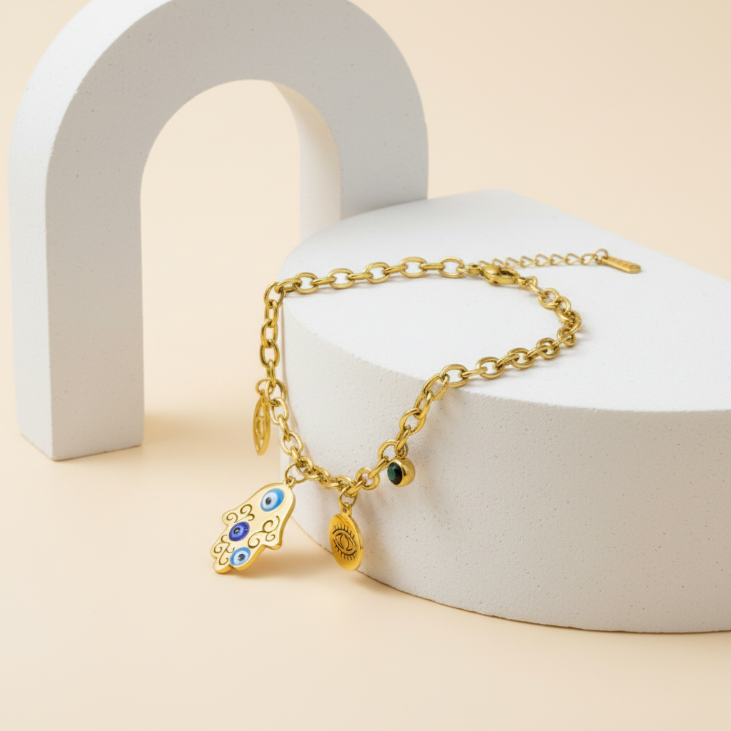 18KT Gold Plated Ojo Evil Eye Charm Bracelet