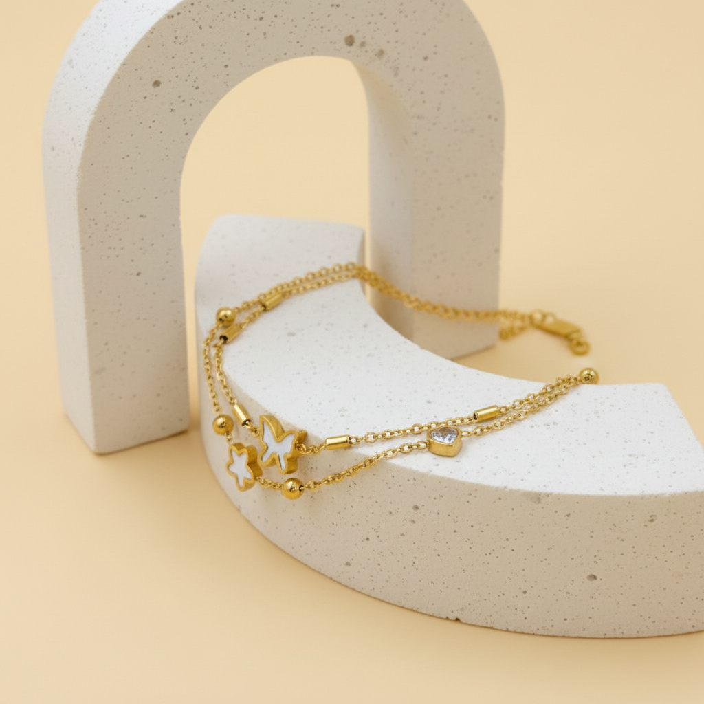 18KT Gold Plated Butterfly Star Layered Bracelet