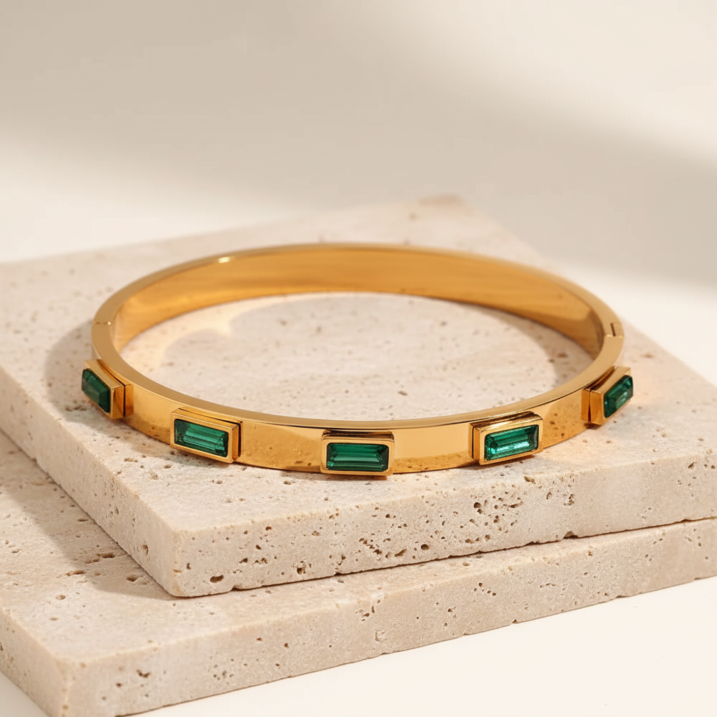 18KT Gold Plated Green Baguettes CZ Bangle