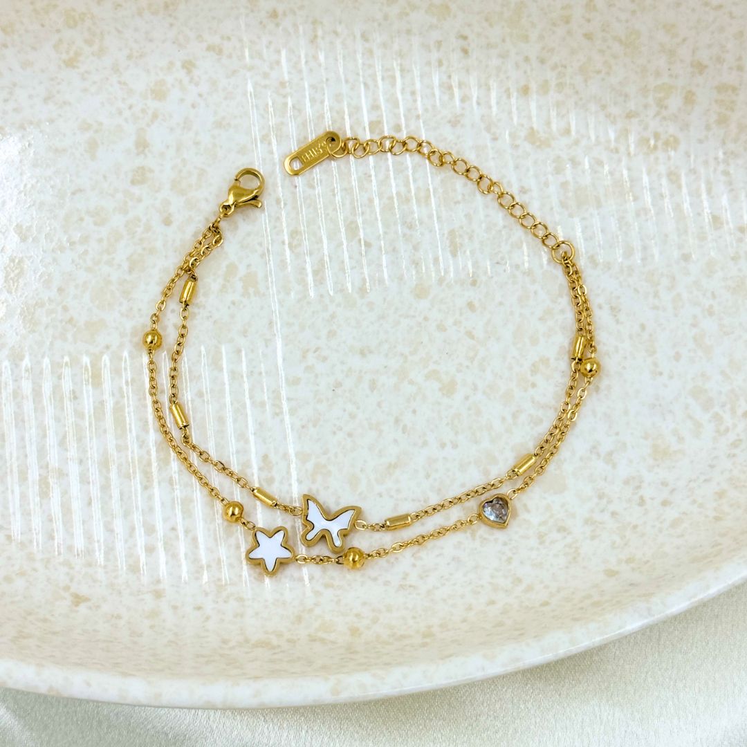 18KT Gold Plated Butterfly Star Layered Bracelet - Atulya Jewellers