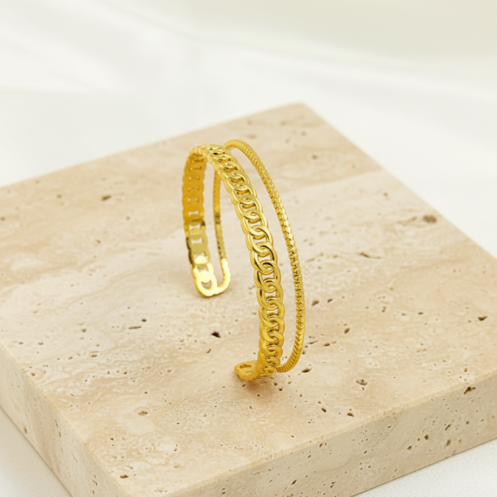 18KT Gold Plated Layered chain Cuff Bracelet