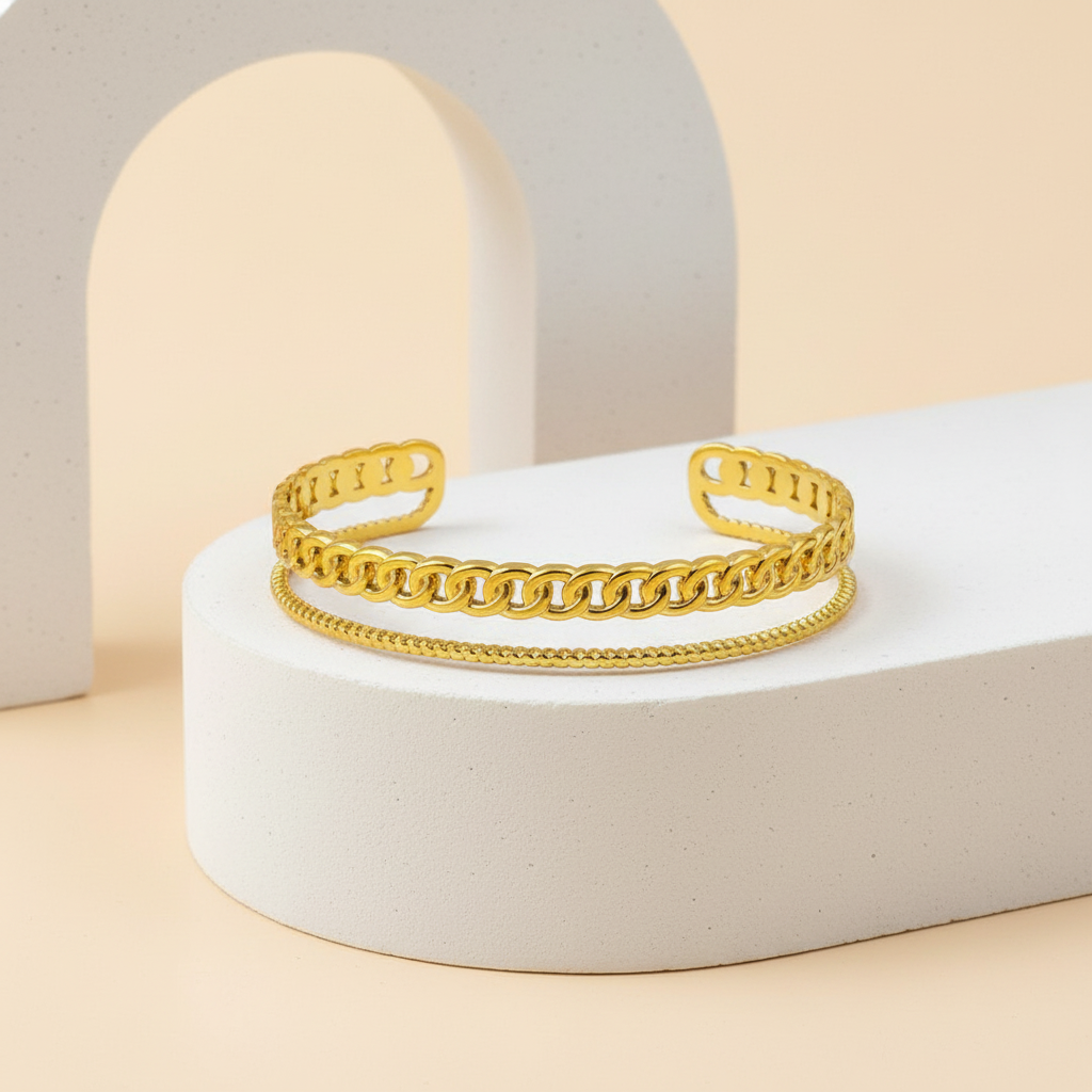 18KT Gold Plated Layered chain Cuff Bracelet