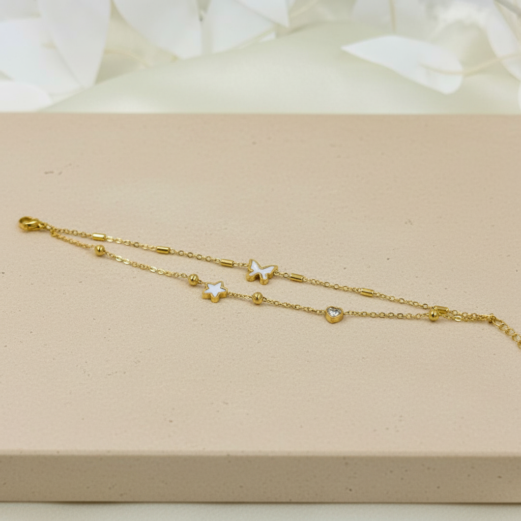 18KT Gold Plated Butterfly Star Layered Bracelet