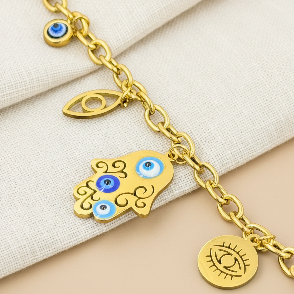 18KT Gold Plated Ojo Evil Eye Charm Bracelet
