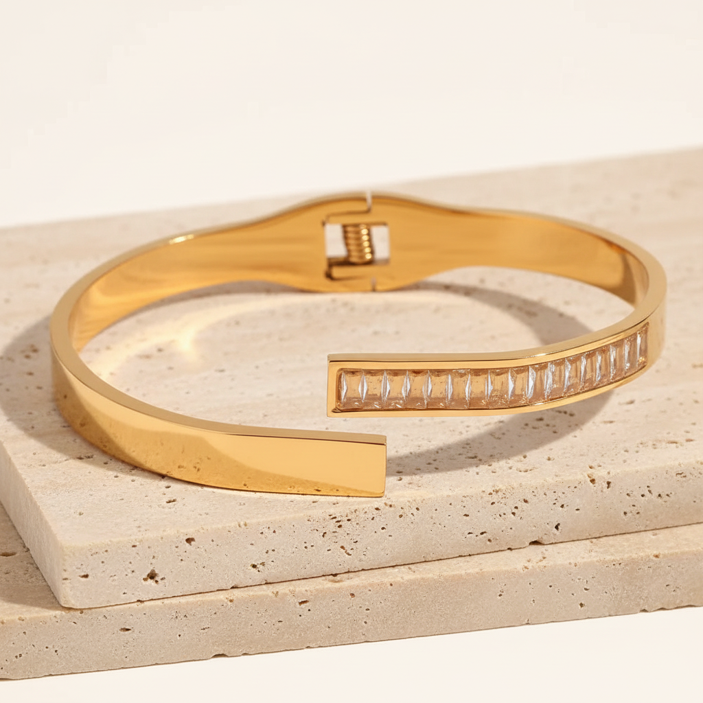18KT Gold Plated White Baguette Cuff Bangle