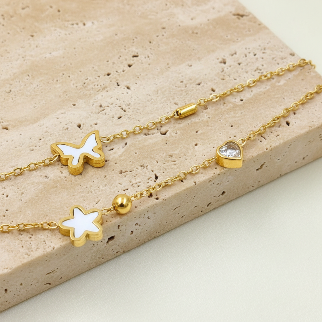18KT Gold Plated Butterfly Star Layered Bracelet