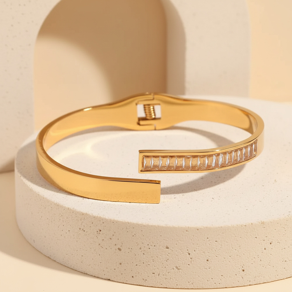 18KT Gold Plated White Baguette Cuff Bangle