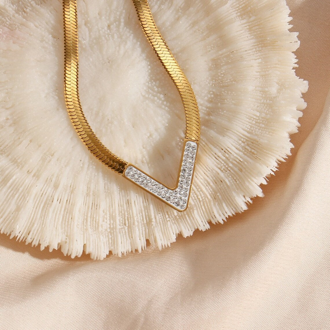 18KT Gold Plated Vee CZ Necklace - Atulya Jewellers