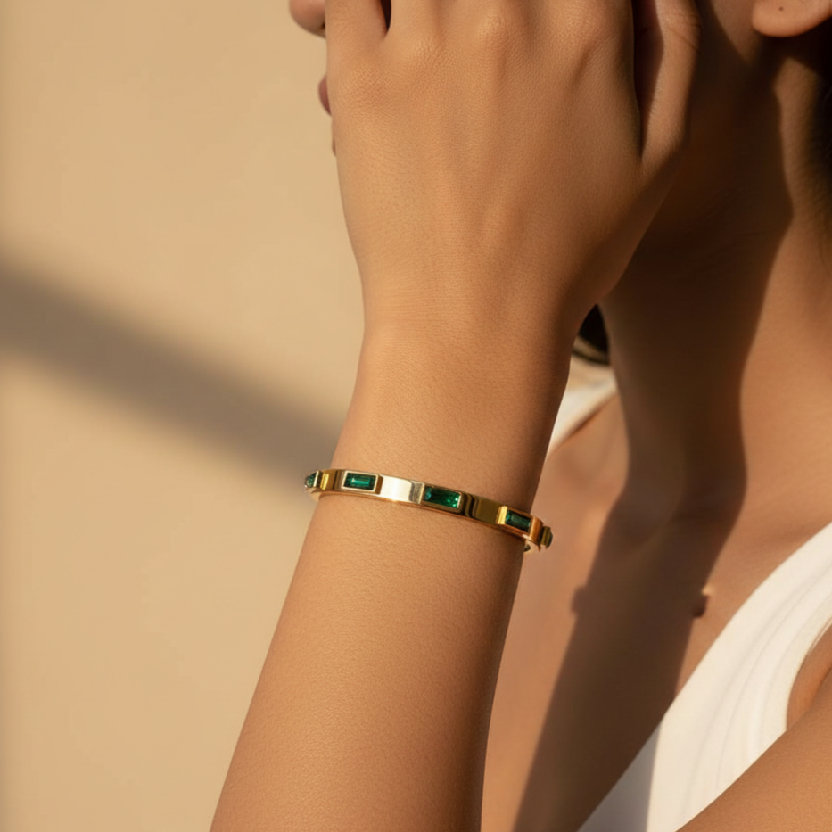 18KT Gold Plated Green Baguettes CZ Bangle