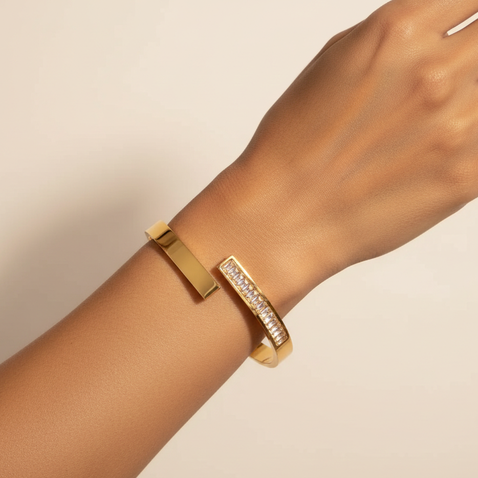 18KT Gold Plated White Baguette Cuff Bangle