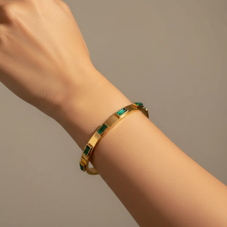 18KT Gold Plated Green Baguettes CZ Bangle