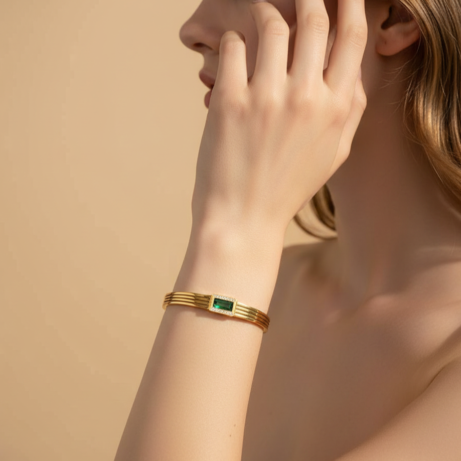18KT Gold Plated Orla Green Baguette Bangle