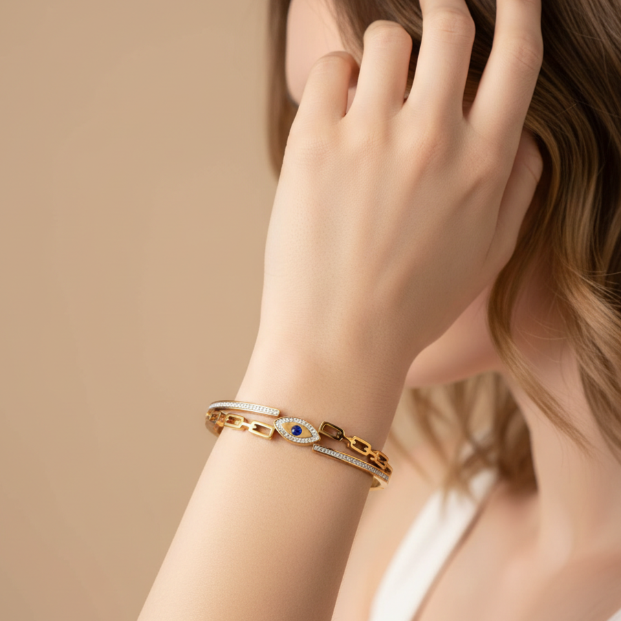 18KT Gold Plated Evana Evil Eye CZ Bangle