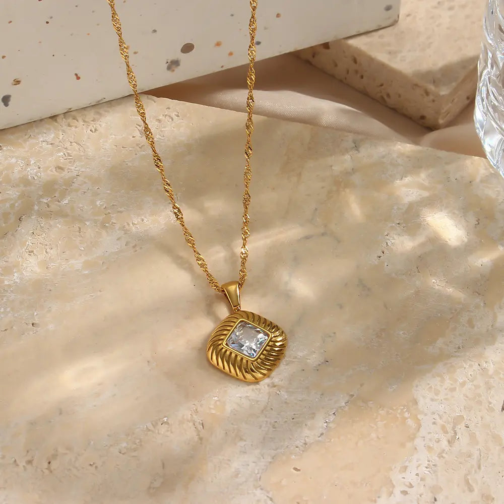 18KT Gold Plated Lozenge CZ Necklace White - Atulya Jewellers