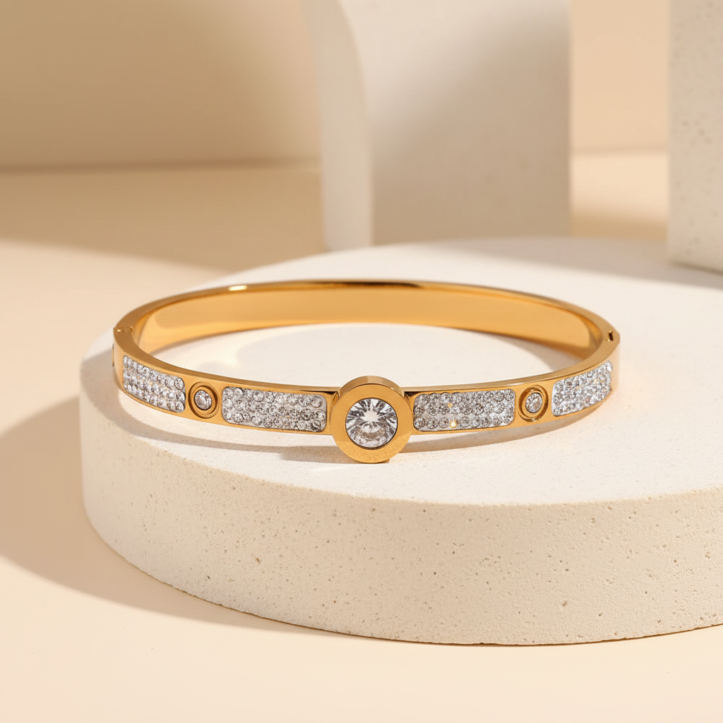 18KT Gold Plated Solitaire CZ Bangle