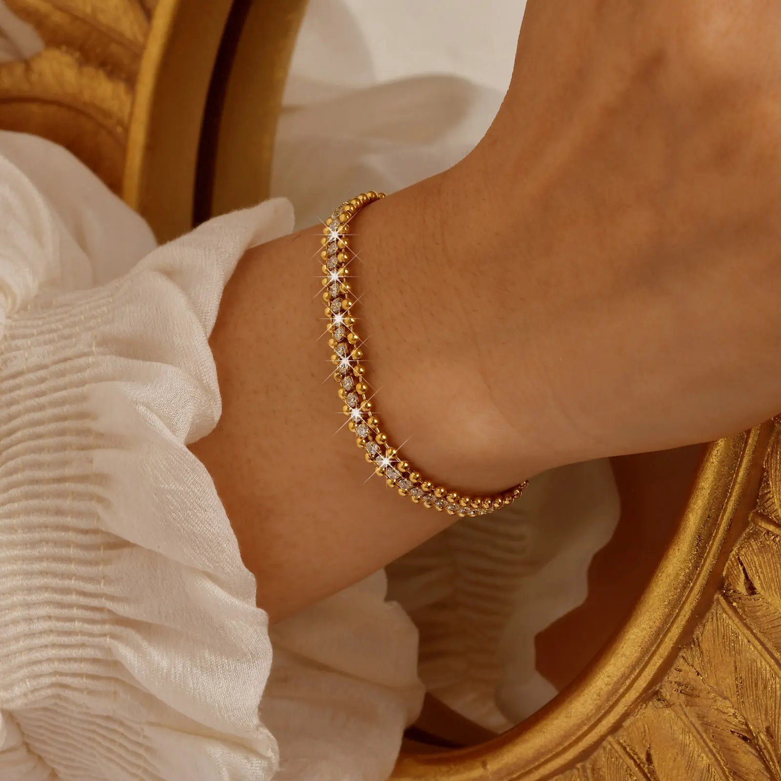 18KT Gold Plated Bead Tennis CZ Bracelet - Atulya Jewellers