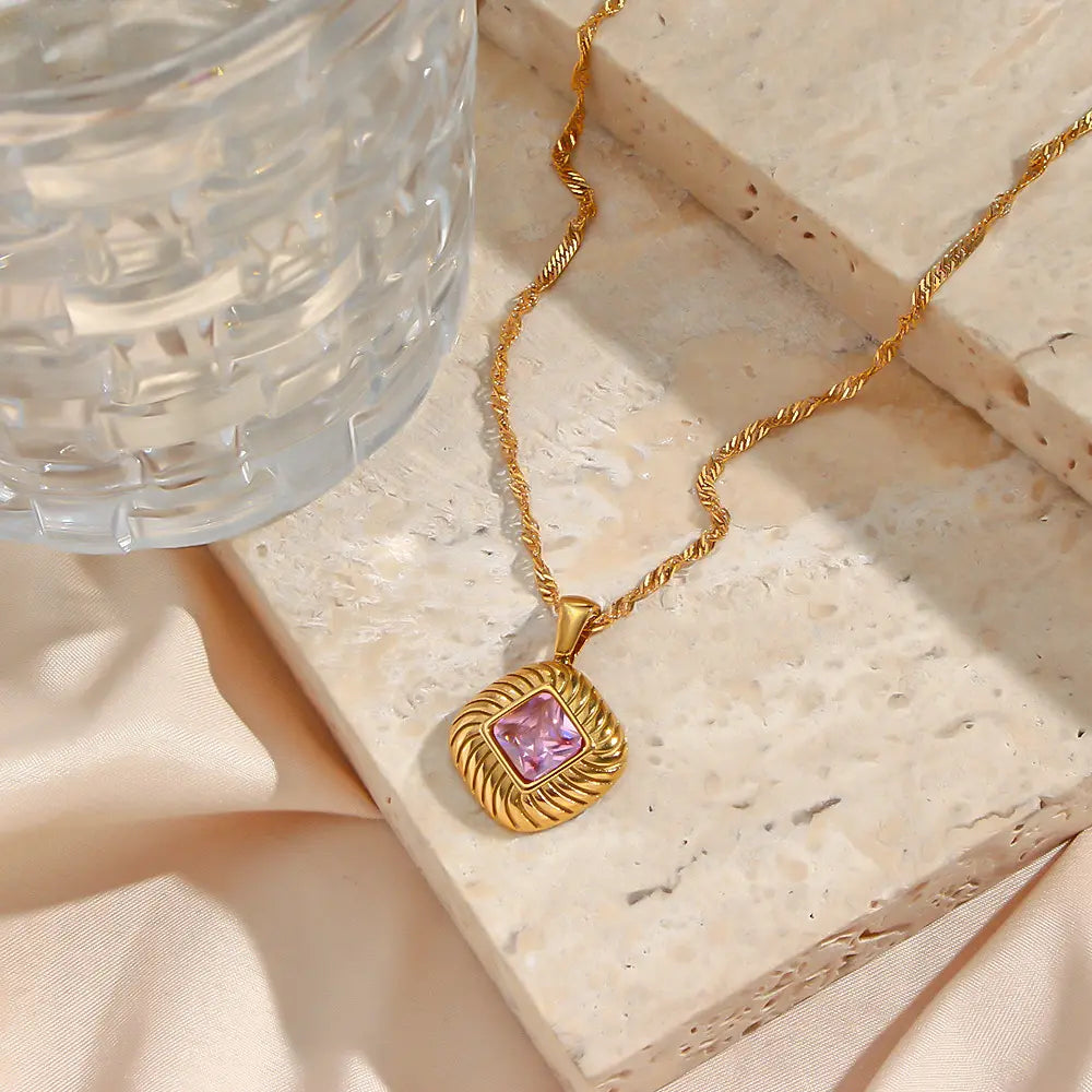 18KT Gold Plated Lozenge CZ Necklace Pink - Atulya Jewellers