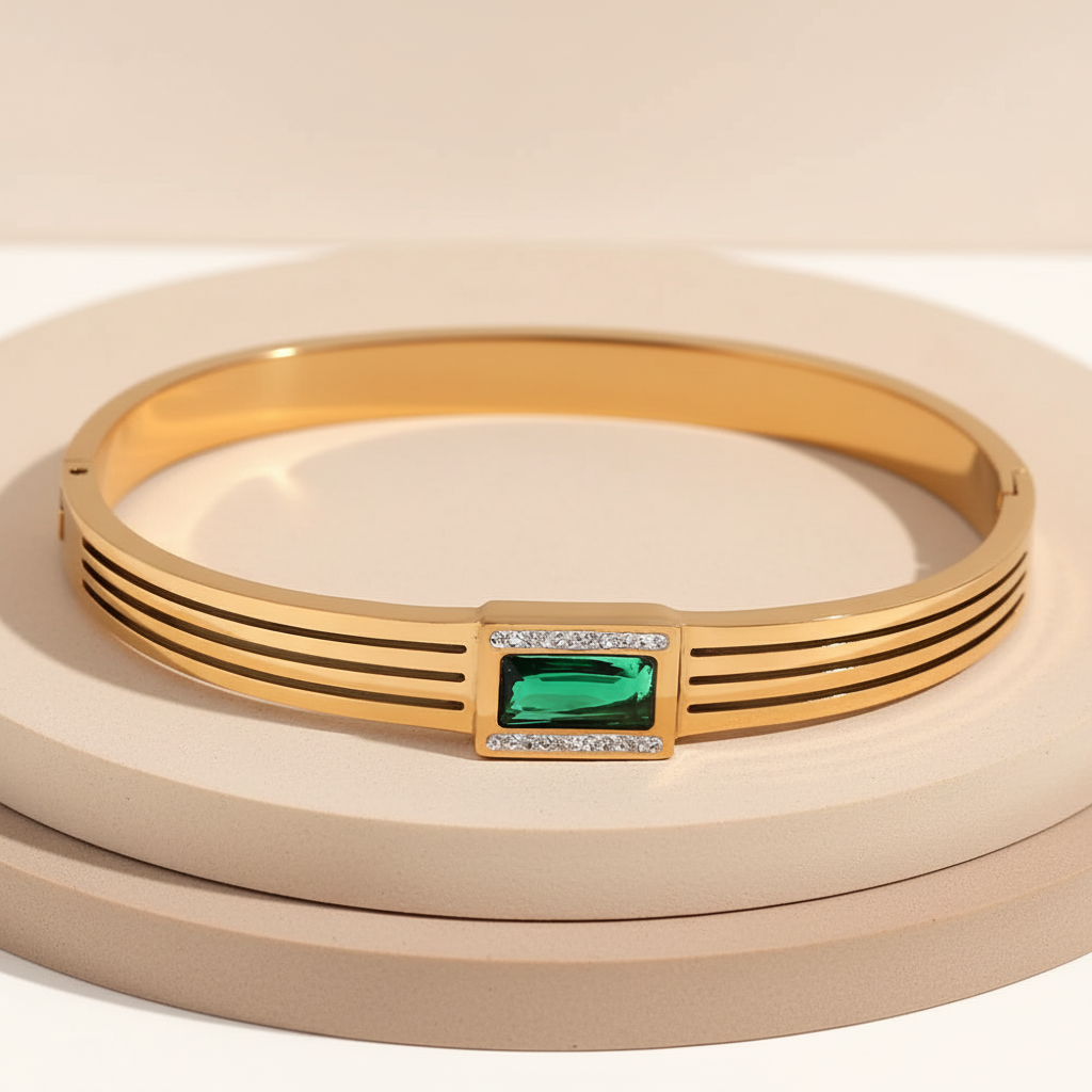 18KT Gold Plated Orla Green Baguette Bangle